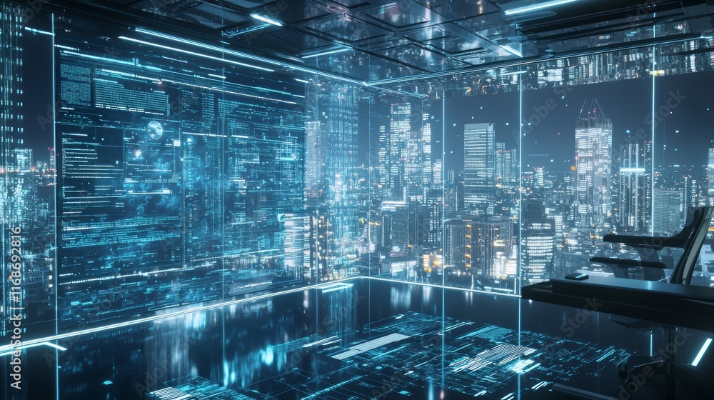Futuristic Glass-Walled Office Displaying Demographic Data for AI Governance Cinematic Image Futuristic Glass-Walled Office Displaying Demographic Data for AI Governance Cinematic Image
