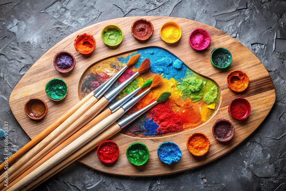 Colorful Artist's Palette with Brushes - Top View Stock Photo Colorful Artist's Palette with Brushes - Top View Stock Photo