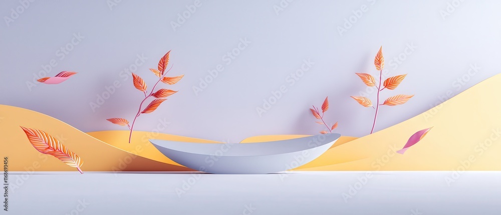 Elegant Autumnal Product Display Minimalist Pastel Background with Poised Branches and Falling Elegant Autumnal Product Display Minimalist Pastel Background with Poised Branches and Falling