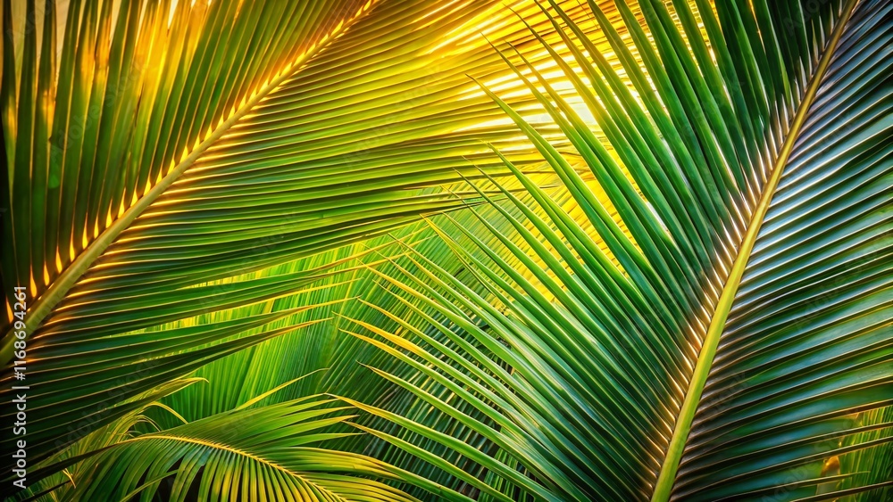 Obraz premium Intricate Composition of Coconut Palm Fronds, Tropical Island Botany, Detailed Leaf Texture