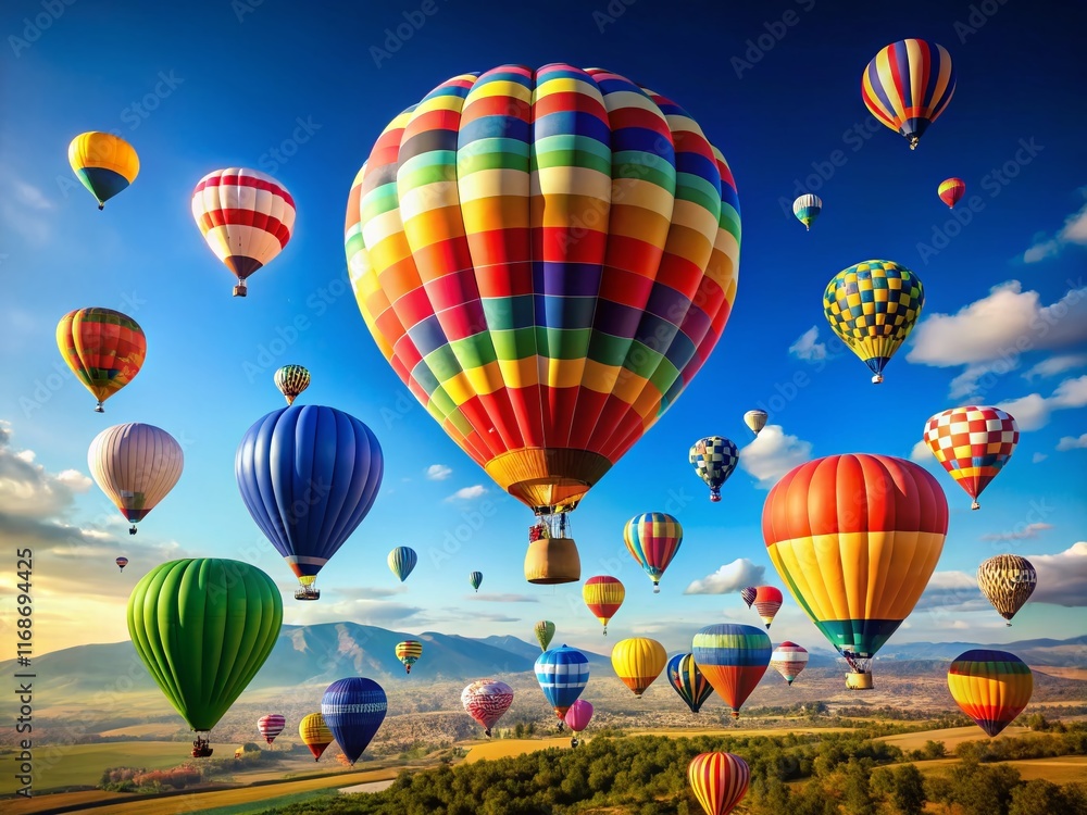 Fototapeta premium Colorful Hot Air Balloons Soaring in a Bright Blue Sky - Stunning Landscape Stock Photo