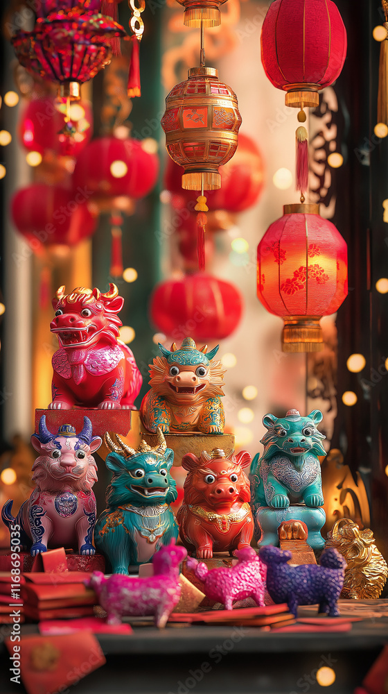 Fototapeta premium Chinese New Year figurines of zodiac animals surrounded by festive decor.