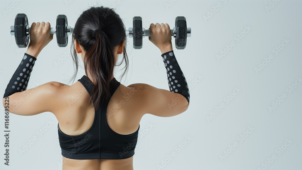 healthy woman lifting dumbbells, wearing sports bra healthy woman lifting dumbbells, wearing sports bra