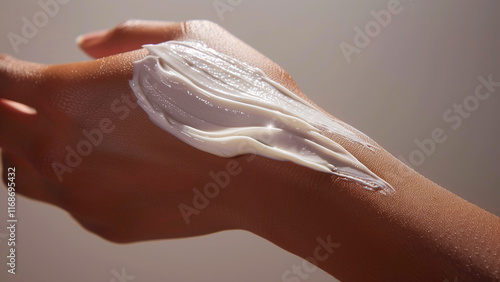 hand with layer of cream lotion being applied, highlighting hydration, skincare and self care photo