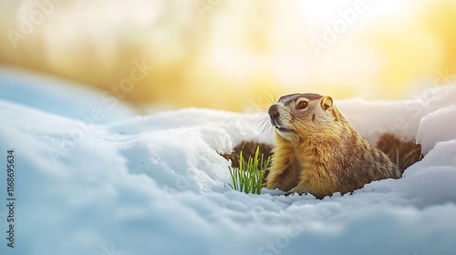 Groundhog emerging from its burrow in the snow at sunset