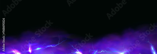 Powerful electrical current energy. Flash of lightning in a magic frame. Neon discharge in smoke effect.

