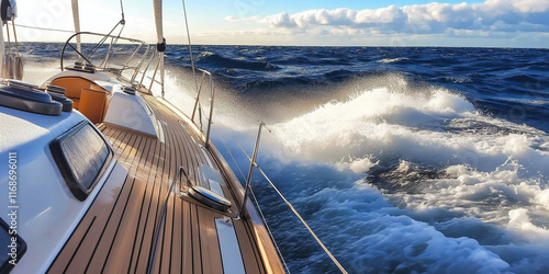 Segelboot kämpft gegen hohe Wellen unter einem bewölkten Himmel

 photo