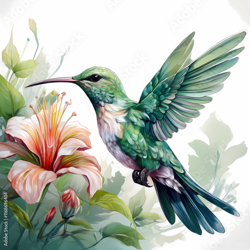  green pastel hummingbird and flower illustration