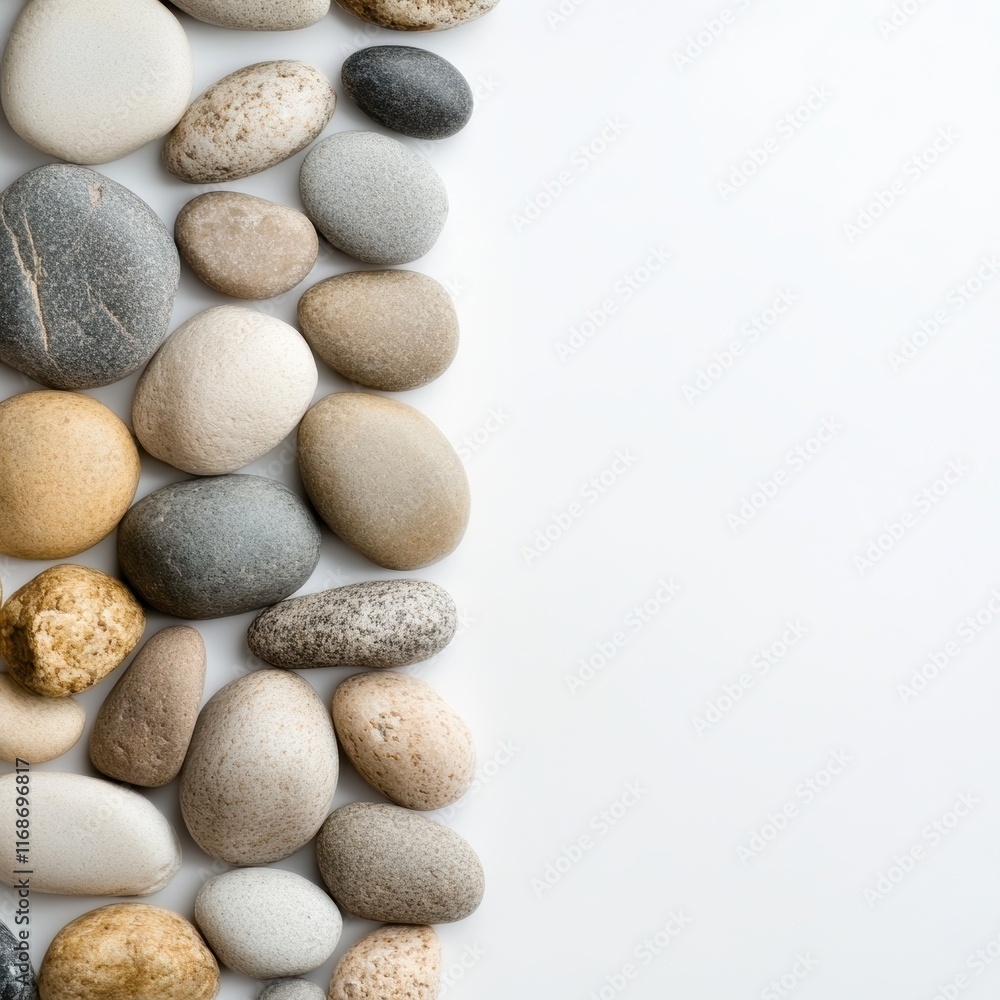 A collection of smooth river stones arranged neatly, showcasing various colors and textures against a clean white backdrop. A collection of smooth river stones arranged neatly, showcasing various colors and textures against a clean white backdrop.