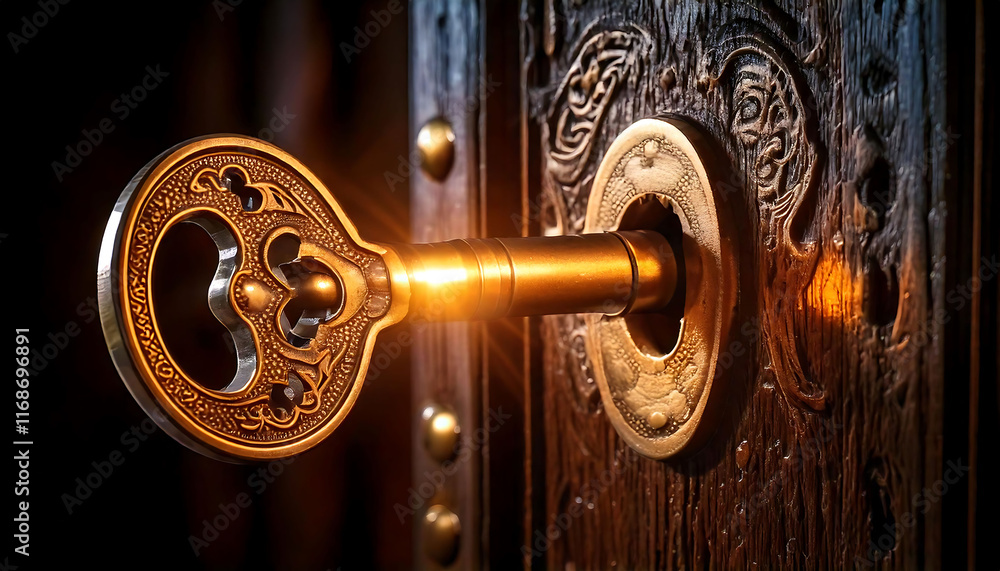 Intricate antique key glowing in a dark wooden door. Perfect for concepts of mystery, secrets, access, opportunity, and solutions. High-resolution image ideal for websites, blogs, and print. Intricate antique key glowing in a dark wooden door. Perfect for concepts of mystery, secrets, access, opportunity, and solutions. High-resolution image ideal for websites, blogs, and print.
