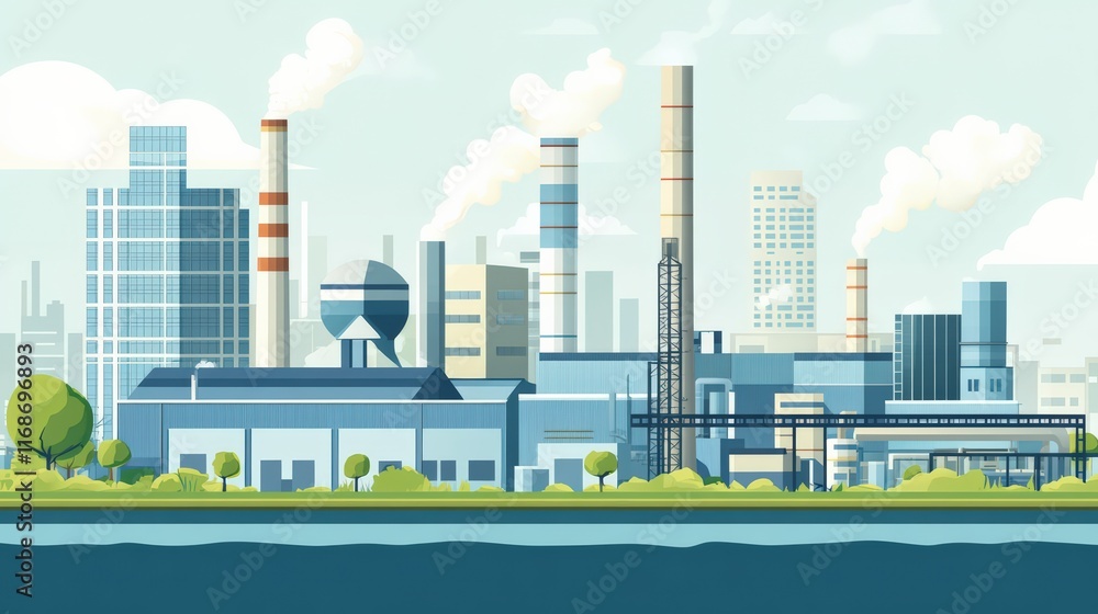 Obraz premium A clean urban factory with stacks emitting zero visible pollution, powered by sustainable energy sources and surrounded by green spaces