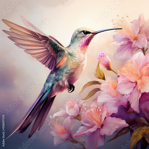 hummingbird and flower pastel colored art illustration 
