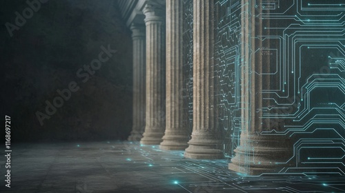 Digital Evolution: Stone Pillars Converging with Circuit Lines in AI Government Concept Image