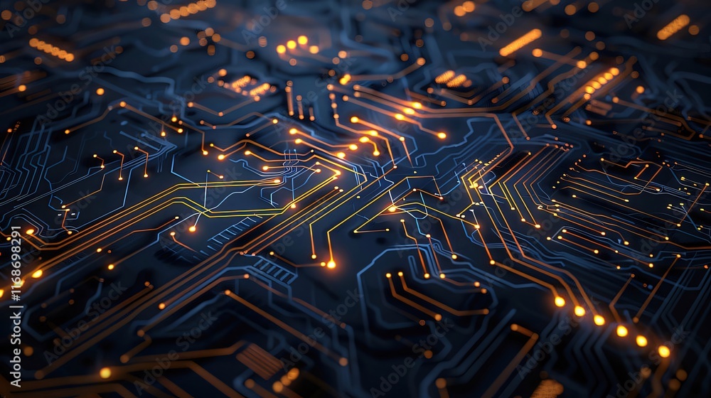 Close-up of illuminated circuit board with intricate pathways and glowing nodes. Close-up of illuminated circuit board with intricate pathways and glowing nodes.