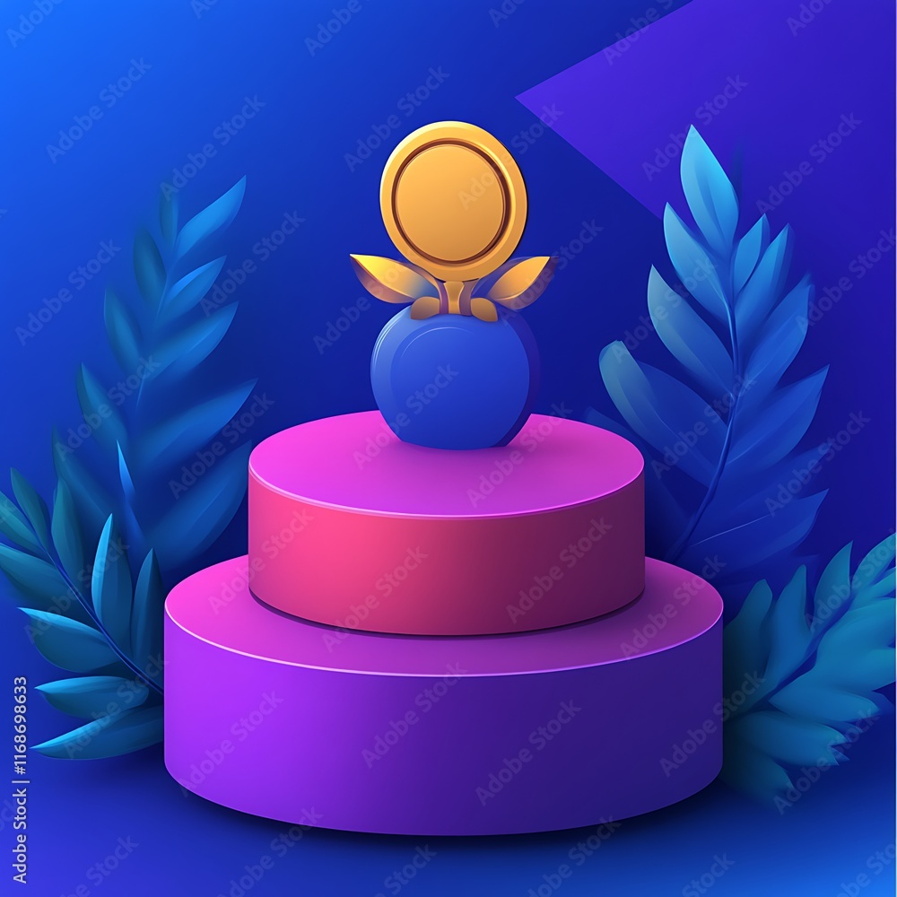 Golden Award on Two Tiered Purple Pedestal with Blue Leaves