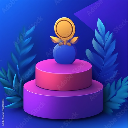 Obraz na płótnie Golden Award on Two Tiered Purple Pedestal with Blue Leaves w salonie