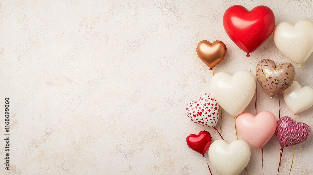 Fototapeta premium Heart shaped balloons in various colors on light background create festive atmosphere