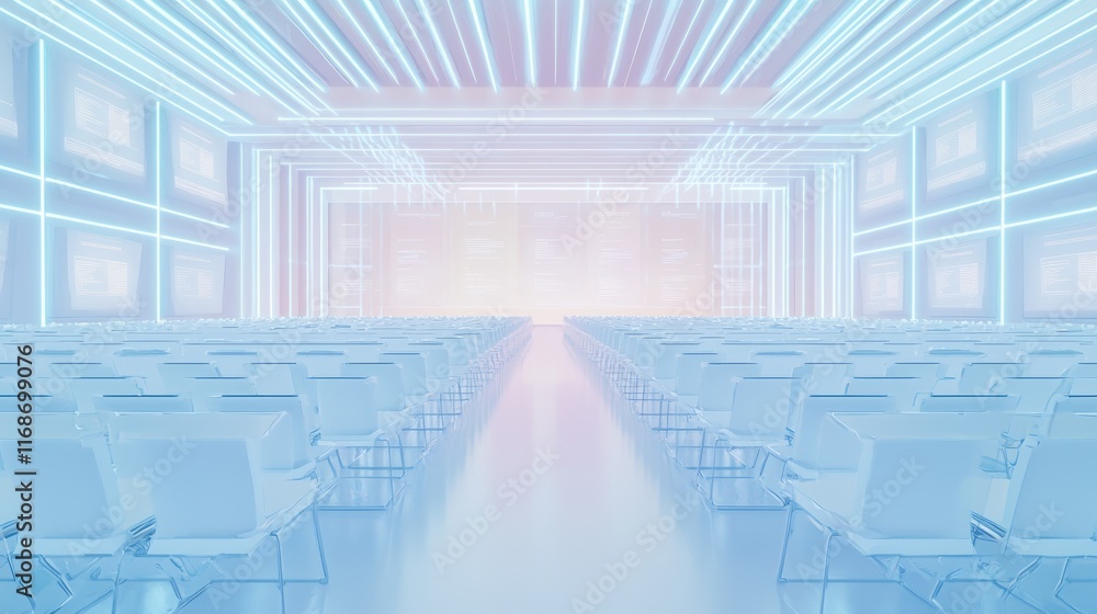 Fototapeta premium Multi-Level Civic Building Meeting with AI Government Interfaces - Futuristic Policy Discussion in Cinematic Ultra-Detailed Image