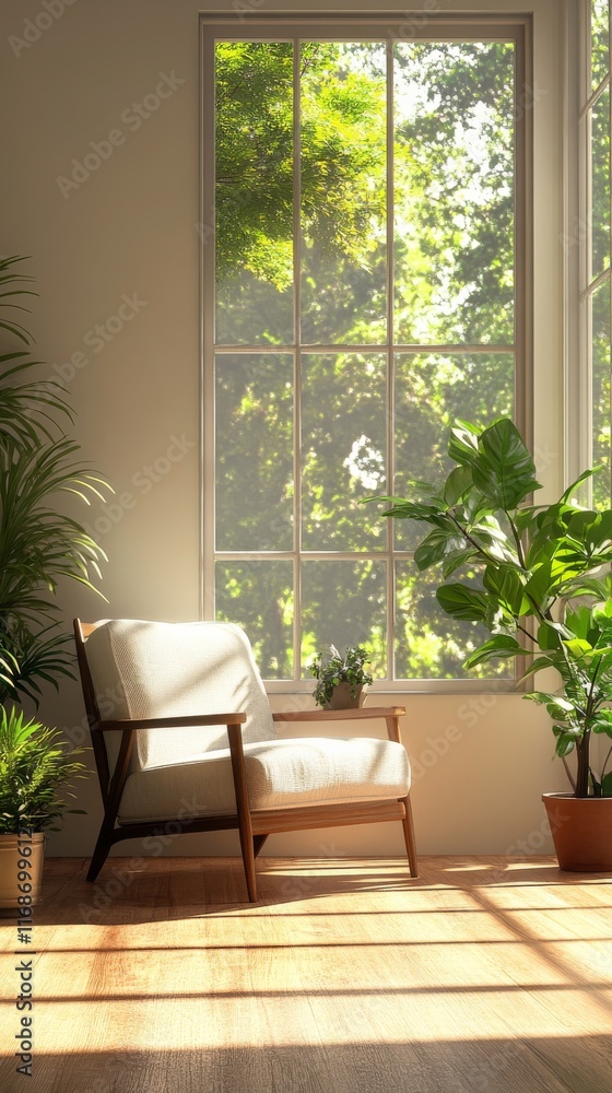 Fototapeta premium Sunlit interior corner with a cozy chair and lush greenery in a calm environment