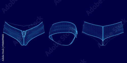 Three different types of panties are shown in a blue background. The panties are shown in a pixelated style, which gives the image a futuristic and abstract feel
