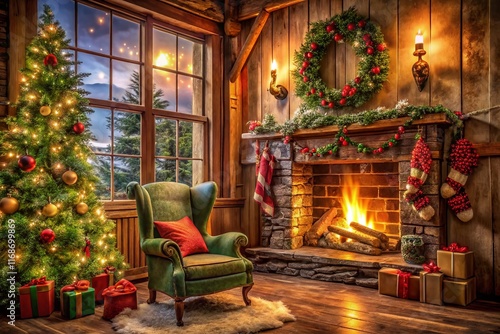 Wallpaper Mural Cozy Christmas Fireplace Wallpaper: Warm Festive Home Interior Stock Photo Torontodigital.ca