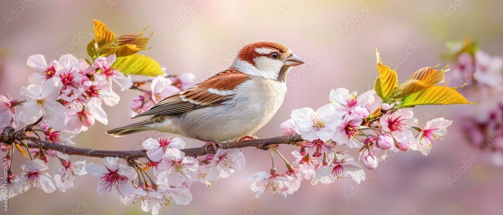 Spring Sparrow Perched on Delicate Cherry Blossom Branches Spring Sparrow Perched on Delicate Cherry Blossom Branches