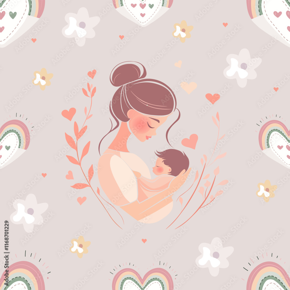 Mother and Baby Seamless Pattern with Hearts and Florals. Loving Mother and Child Illustration with Soft Pastels. Tender Motherhood Design with Hearts and Rainbows Mother and Baby Seamless Pattern with Hearts and Florals. Loving Mother and Child Illustration with Soft Pastels. Tender Motherhood Design with Hearts and Rainbows