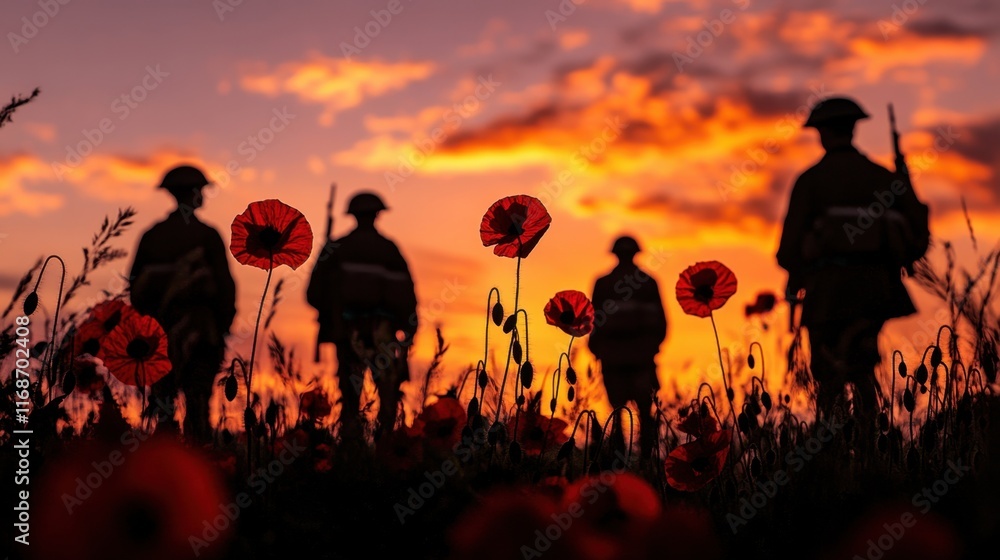 Silhouettes of soldiers in the field with poppies against a sunset sky background during battles for World War I.
Silhouettes of soldiers in the field with poppies against a sunset sky background during battles for World War I.