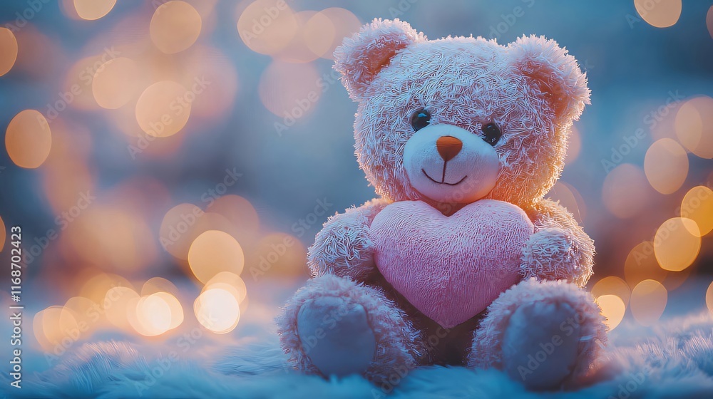 Plush teddy bear holding a heart, bokeh background. Plush teddy bear holding a heart, bokeh background.