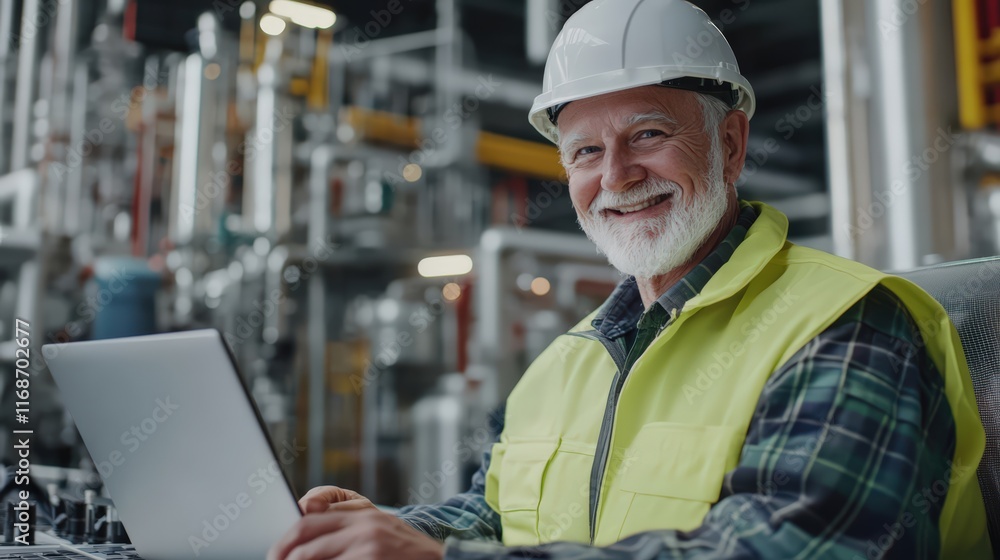 A happy elderly technician using a laptop to monitor refinery safety metrics, seated in a control room filled with sophisticated equipment A happy elderly technician using a laptop to monitor refinery safety metrics, seated in a control room filled with sophisticated equipment