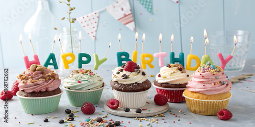 A festive digital illustration of colorful cupcakes with vibrant toppings and alphabet-shaped candles spelling Happy Birthday. Set against a soft blue background, the scene is cheerful and celebratory photo