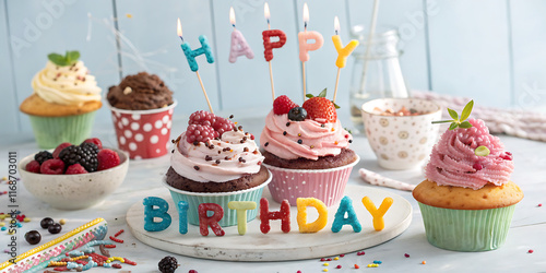 A festive digital illustration of colorful cupcakes with vibrant toppings and alphabet-shaped candles spelling Happy Birthday. Set against a soft blue background, the scene is cheerful and celebratory photo