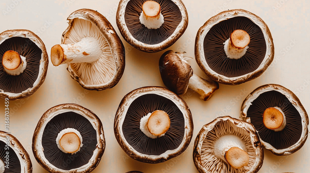 Simple arrangement of portobello mushrooms with caps up on a beige background Simple arrangement of portobello mushrooms with caps up on a beige background
