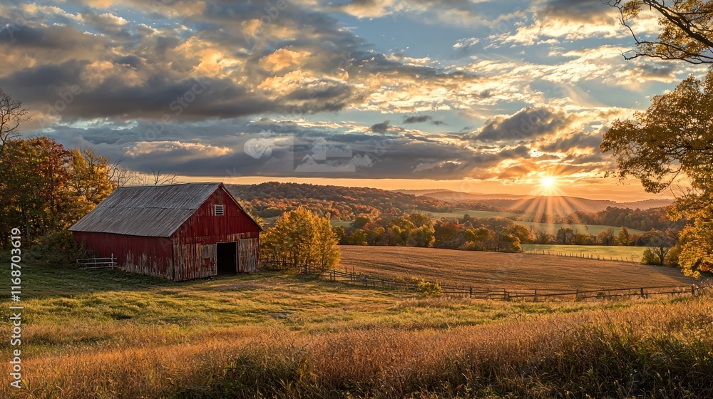 A sunset illuminating a barn and surrounding farmland. A sunset illuminating a barn and surrounding farmland.