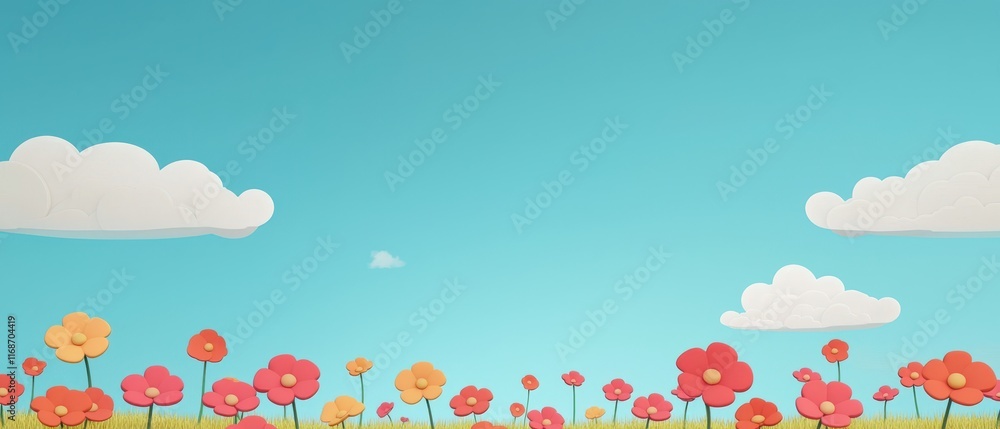 Cheerful Cartoon Flowers Meadow Under Blue Sky with Fluffy Clouds Spring Summer Background Cheerful Cartoon Flowers Meadow Under Blue Sky with Fluffy Clouds Spring Summer Background