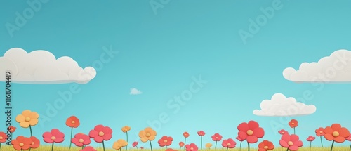 Cheerful Cartoon Flowers Meadow Under Blue Sky with Fluffy Clouds Spring Summer Background