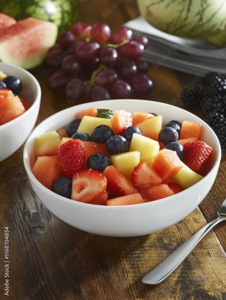 Fresh and Colorful Fruit Salad Featuring Strawberries, Blueberries, Watermelon, Cantaloupe, Honeydew, Blackberries, Grapes Served in White Bowls on Rustic Wooden Table Fresh and Colorful Fruit Salad Featuring Strawberries, Blueberries, Watermelon, Cantaloupe, Honeydew, Blackberries, Grapes Served in White Bowls on Rustic Wooden Table