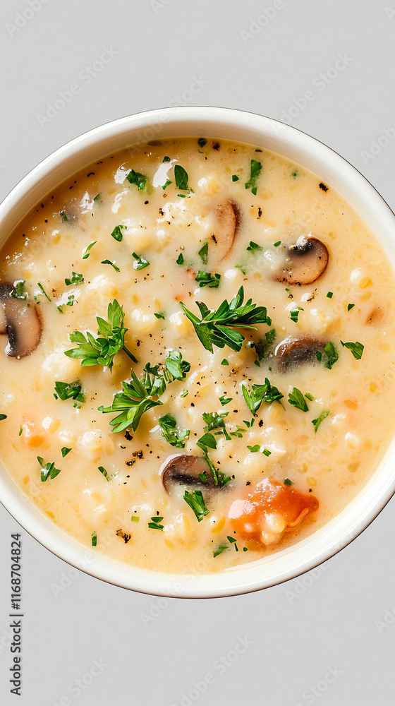 Warm and hearty mushroom barley soup with herb topping Warm and hearty mushroom barley soup with herb topping