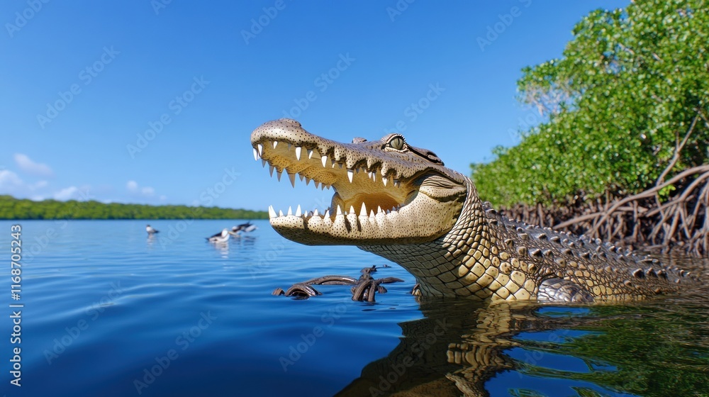 Obraz premium A crocodile emerges from the water, showcasing its teeth and habitat.