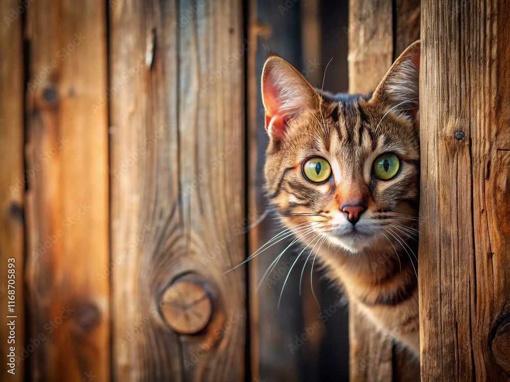 Curious Cat Peeking from Wooden Box - Adorable Kitten Hiding - Stock Photo Curious Cat Peeking from Wooden Box - Adorable Kitten Hiding - Stock Photo