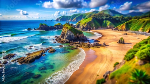 Cudillero Coast, Gueirua Beach Low Tide: Stunning Tilt-Shift Daytime View photo