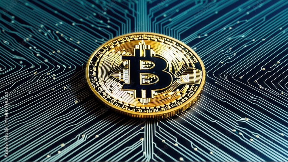 Bitcoin cryptocurrency coin on circuit board for digital technology and finance Bitcoin cryptocurrency coin on circuit board for digital technology and finance