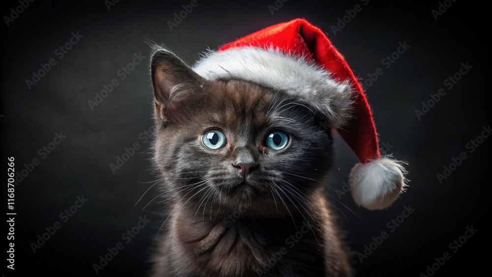 Cute Black Kitten Wearing Santa Hat, Black Background Stock Photo Cute Black Kitten Wearing Santa Hat, Black Background Stock Photo