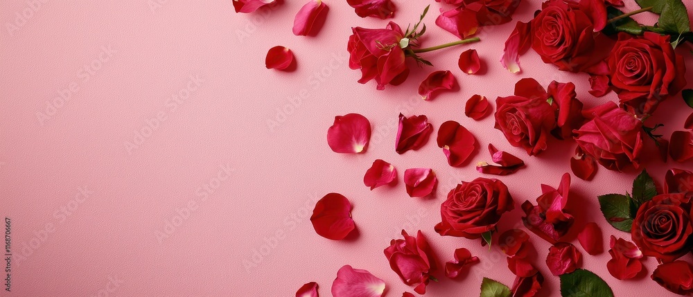 Romantic Red Roses and Petals Scattered on Pink Background Valentine s Day Concept Romantic Red Roses and Petals Scattered on Pink Background Valentine s Day Concept