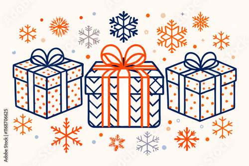 Christmas Gift Boxes: A festive set of beautifully wrapped gift boxes with colorful ribbons and bows, perfect for holiday celebrations and surprise presents