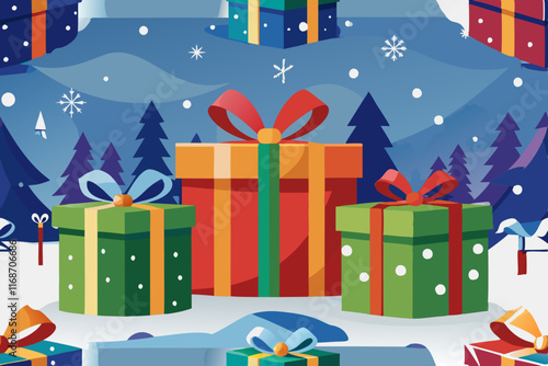 A festive Christmas scene with gift boxes, ribbons, and snow, perfect for holiday greetings and celebrations, featuring a wintery background and Christmas tree decorations