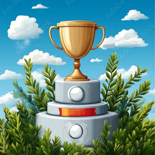 Golden Trophy Awaits Winner On Pedestal Amidst Greenery