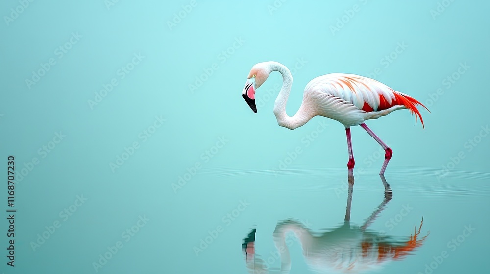 Fototapeta premium A graceful flamingo wades through calm waters, reflecting its beauty in a serene environment.