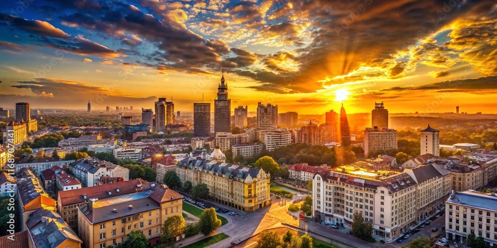 Katowice Sunrise: Panoramic Cityscape at Dawn - Architectural Photography