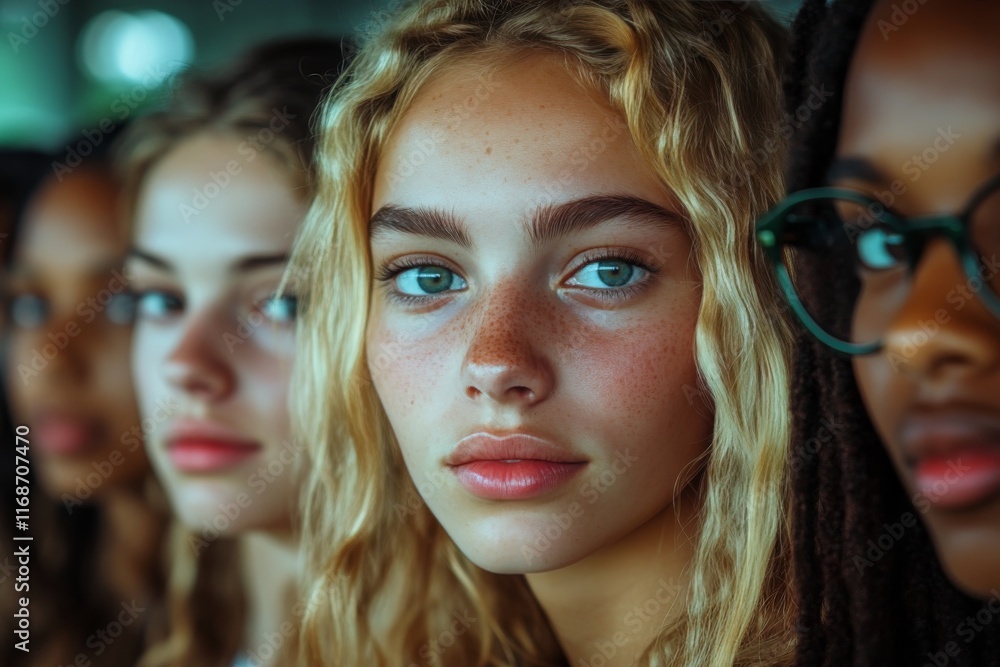 Obraz premium Group of young women posing together in a stylish indoor setting during daylight